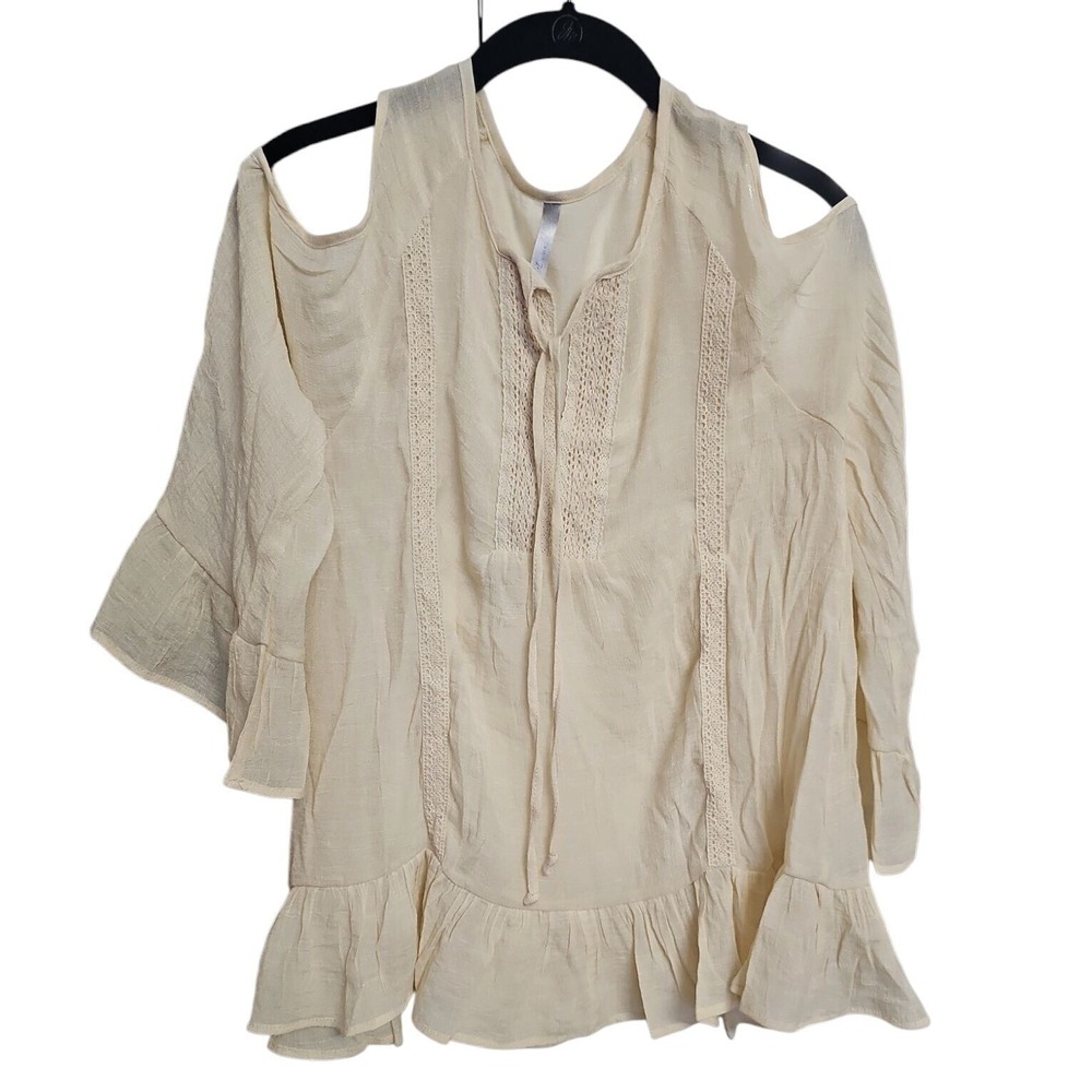 Boho Cold Shoulder Top‎ Lace Trim Ruffle Hem Bohemian Blouse Flowy Cream S Nwot